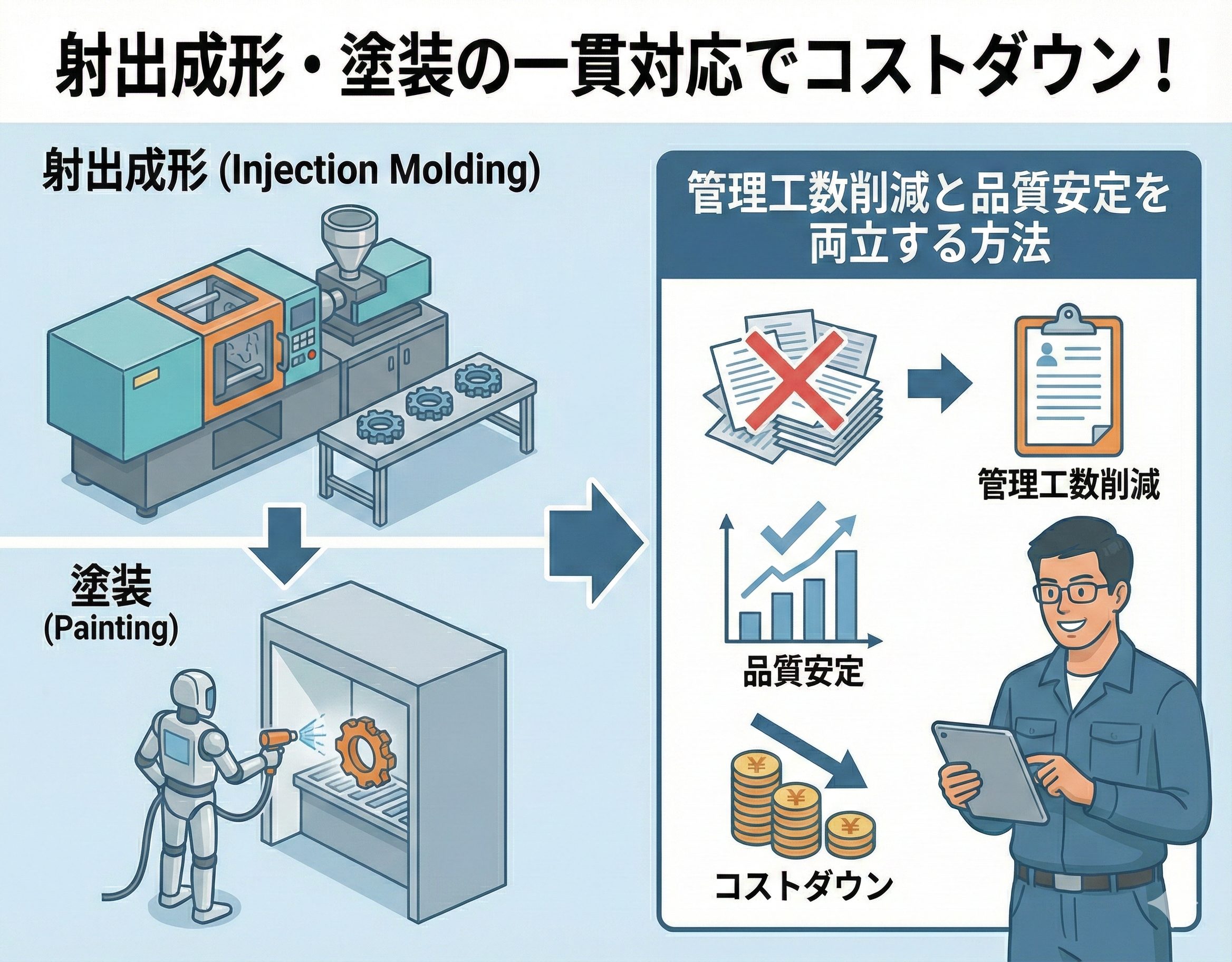 射出成形・塗装の一貫対応でコストダウン！<br> 管理工数削減と品質安定を両立する方法